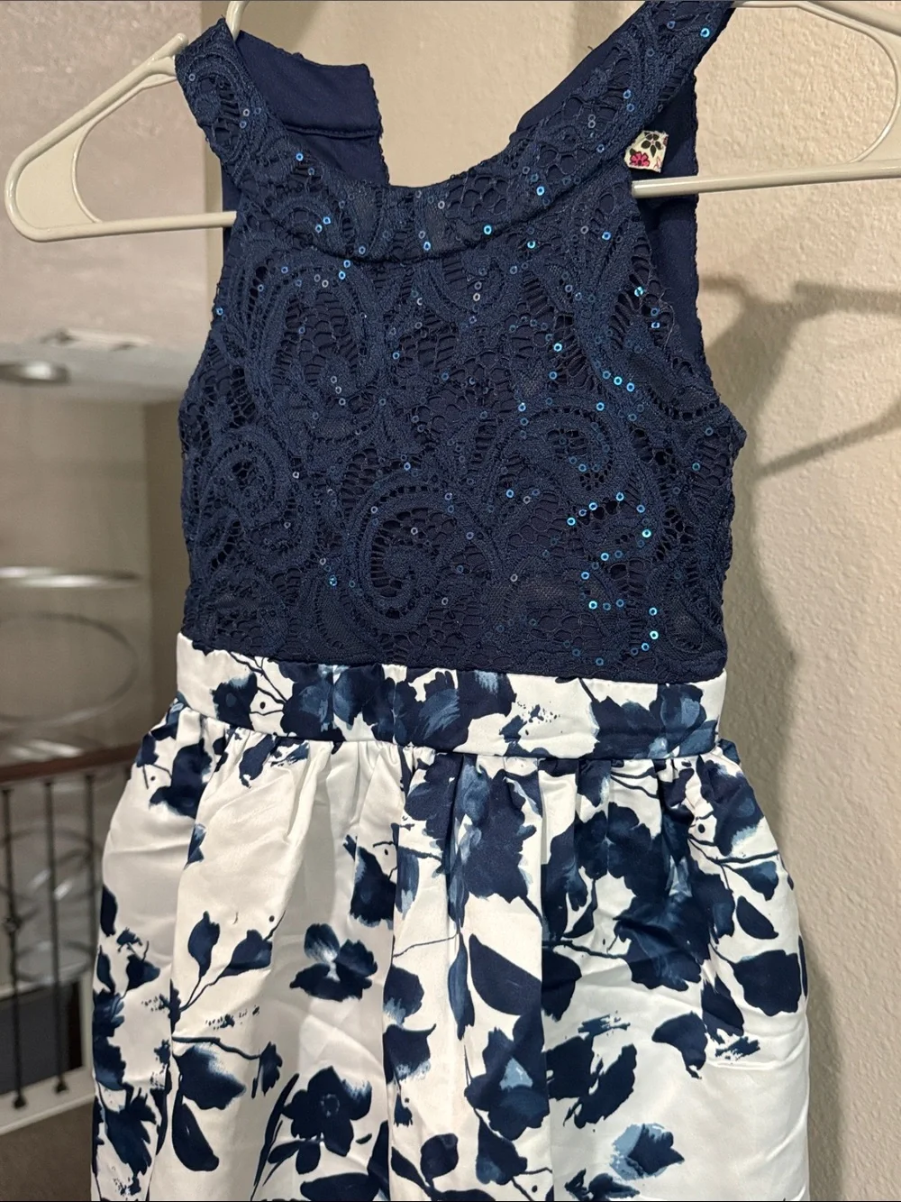 Speechless Navy Sequin Lace Bodice Floral Skirt Dress